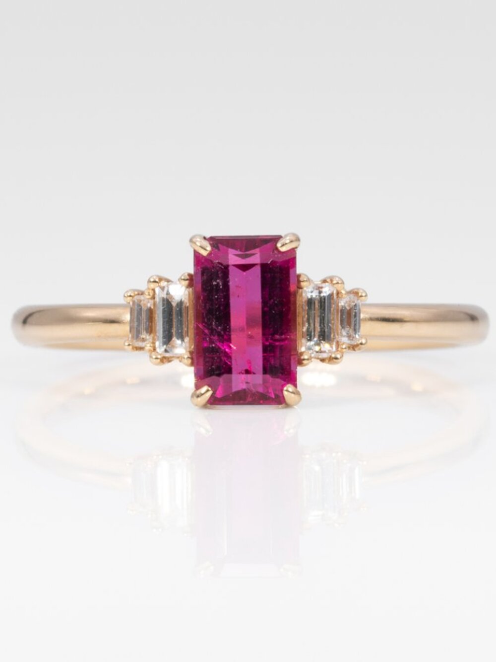 Natural Pink Tourmaline & Diamond Art Deco Ring in Solid 14K Yellow Gold